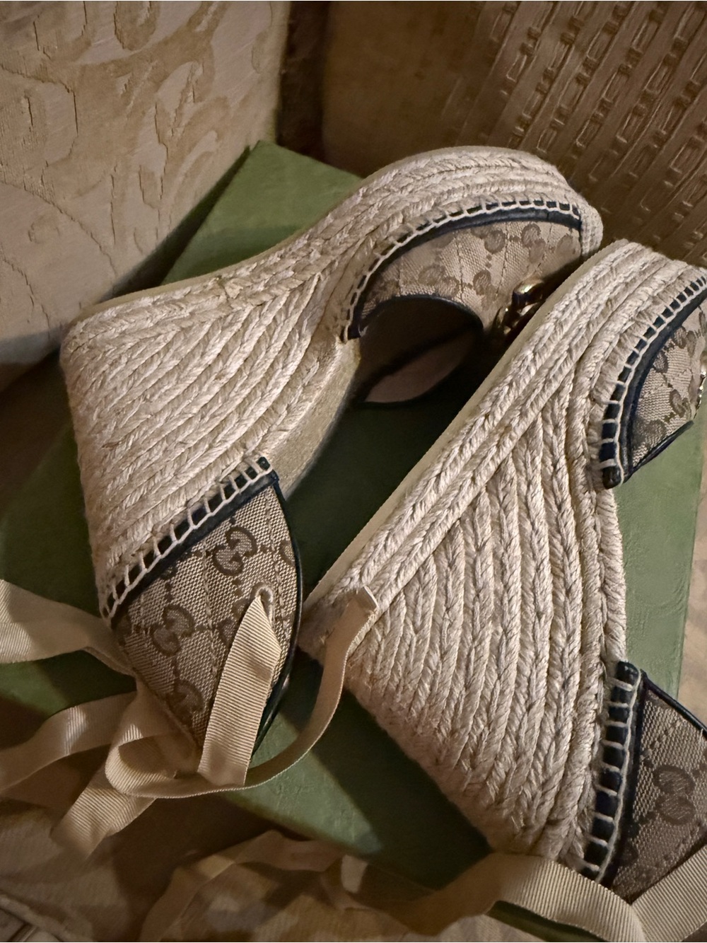 Gucci Pilar GG Ankle Tie Espadrille Platform Wedges preowned with COA size 39 - Picture 13 of 16